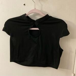 SHEIN Black Frog Closure Keyhole Front Crop Top Blouse L Goth Coquette Girl Punk